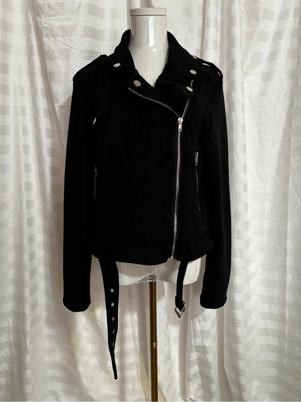 Black Moto Jacket with Belt Detail - Women XL Stretch